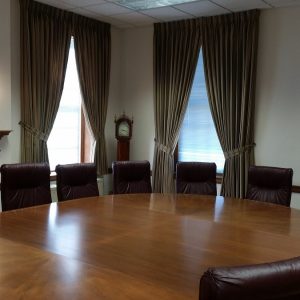 Pinch pleated draperies in The National Iron and Steel Museum board room 