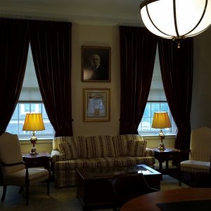 Pinch Pleated Draperies and tie backs in Iron & Steel Museum CEO reception room