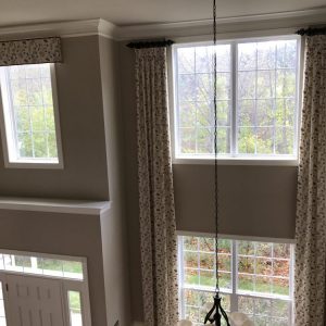 Draperies over two-story windows in Chester Springs, PA