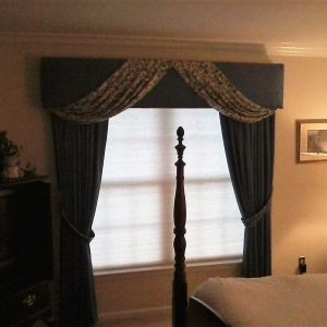 Honeycomb blind, wrapped swag cornice, & draperies installed in Chester Springs, PA bedroom