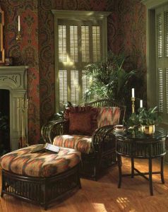 Custom plantation shutters with horizontal divider rail.