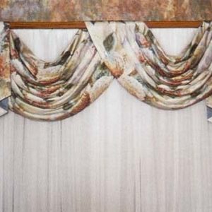 Pole swag and jabot on decorative curtain rod made in contrast fabrics.