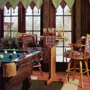 Game room V – Point valance in contrast fabrics and welting with tassels. Custom covered pub chairs with coordinating pillows and table runner with decorative trim.