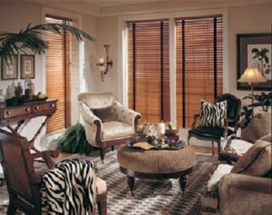 2” wood blinds with decorative tapes and crown valance